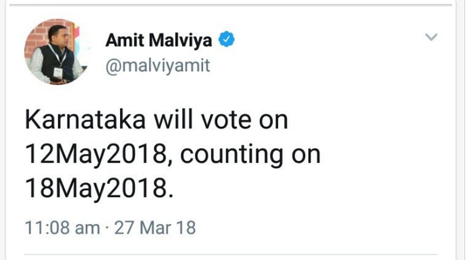 Controversy erupts as BJP IT-cell head Amit Malviya tweets Karnataka polling, result dates before EC