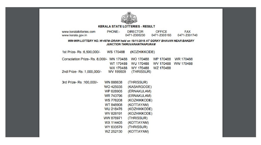 Kerala Win Win Lottery W 493 Result 2018 declared at keralalotteries.com