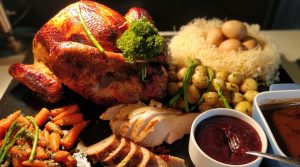 Classic roast turkey, Bread stuffing, Brussel sprouts, giblet gravy