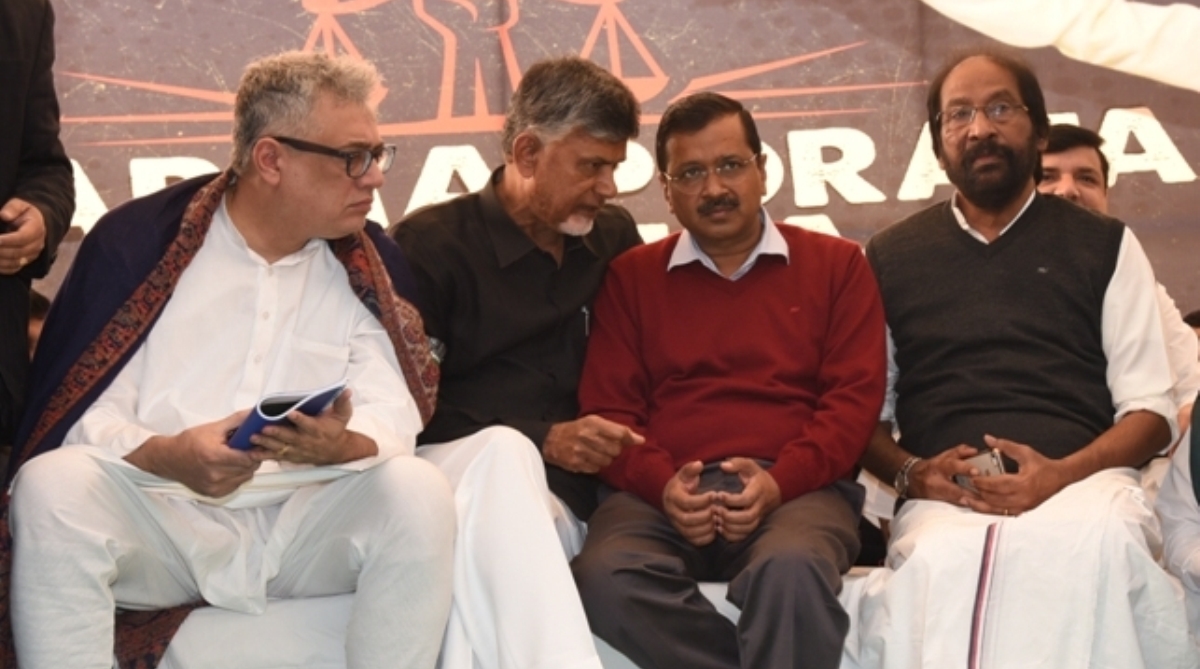Derek O’Brien, Arvind Kejriwal criticise PM Modi from Chandrababu Naidu’s protest venue