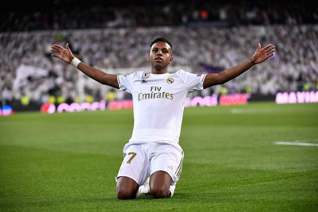  Rodrygo celebrates scoring a goal for Real Madrid against Manchester City in the Champions League.