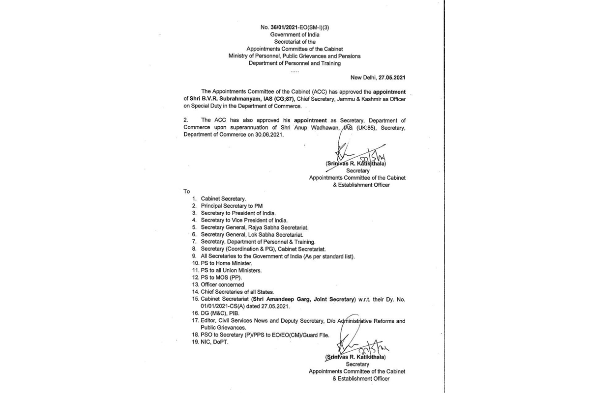 J&K Chief Secretary BVR Subrahmanyam To Be Secretary Commerce - The ...