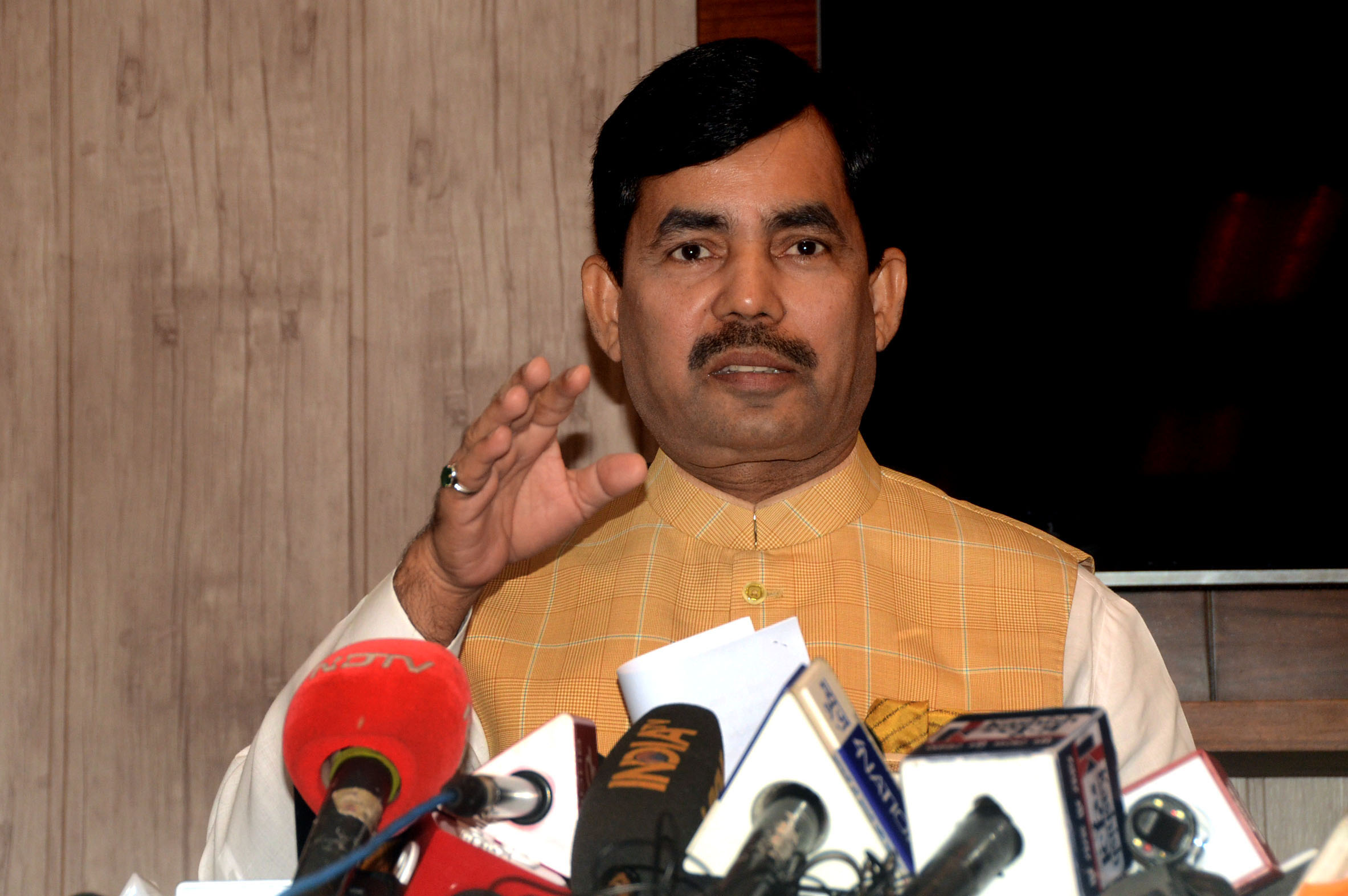 Minister of Industries of Bihar Shahnawaz Hussain addresses a Press conference about forthcoming Bihar Investors’Meet