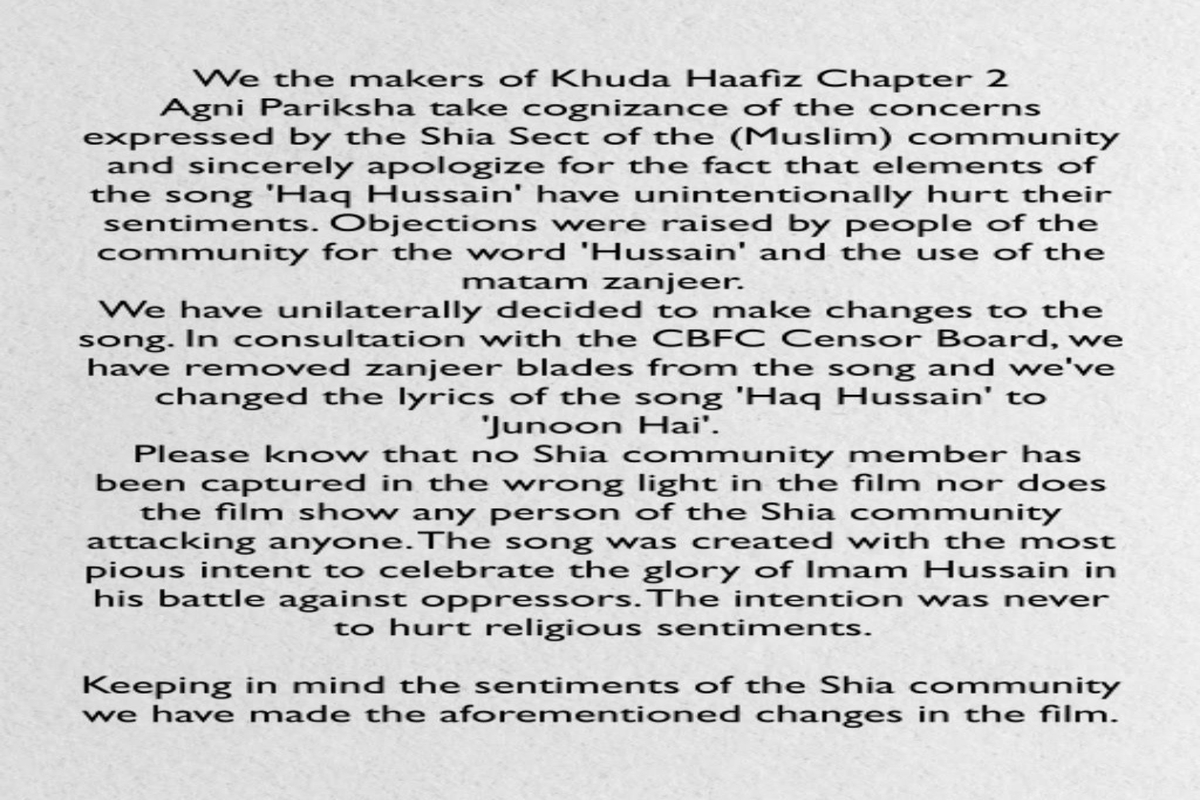 Makers of ‘Khuda Haafiz: Chapter 2’ apologise for hurting religious sentiments