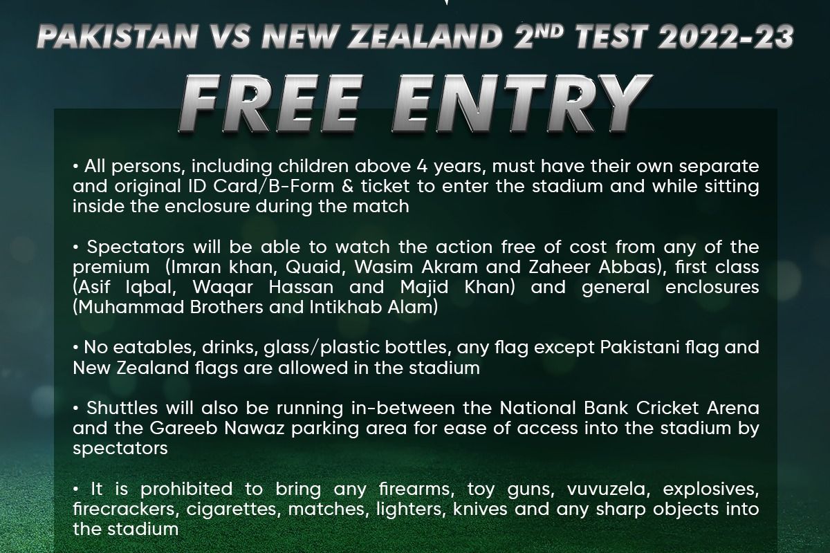 Free entry for Pak Vs NZ 2nd Test: PCB