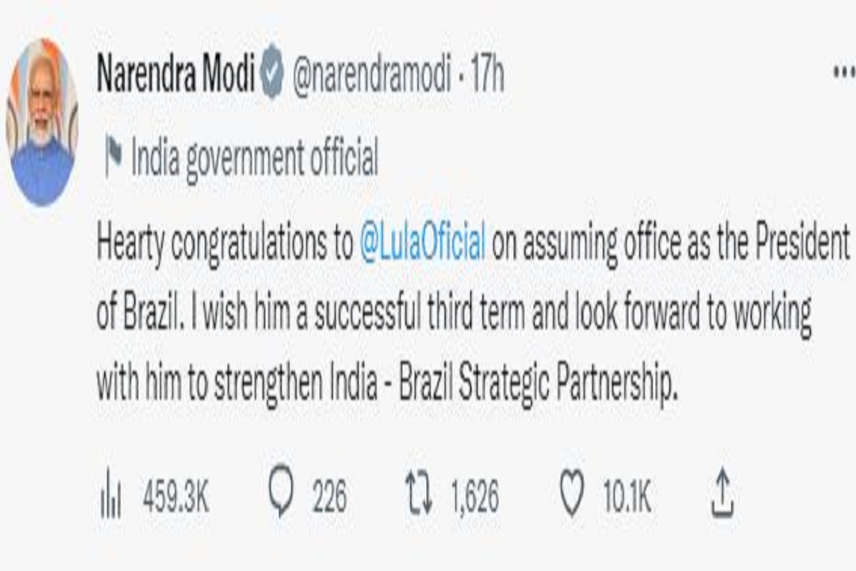 PM Modi congratulates Lula da Silva on assuming office as Brazil president