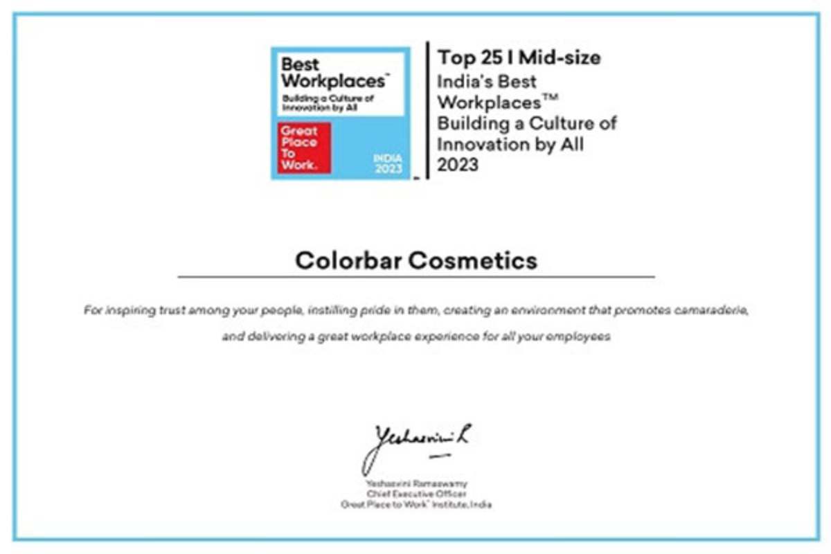 Colorbar Cosmetics amongst ‘India’s Best Workplaces Building a Culture of Innovation by All 2023’