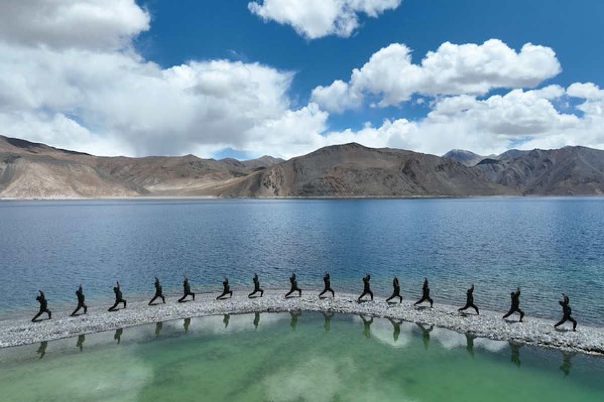 Indian Army personnel perform Yoga at Ladakh’s Pangong Tso Lake