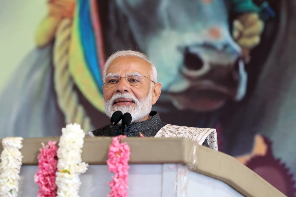 Prime Minister Narendra Modi addresses a gathering during the Pongal celebrations, at Union Minister of State for Information and Broadcasting L Murugan's residence, in New Delhi on Sunday. (ANI Photo)