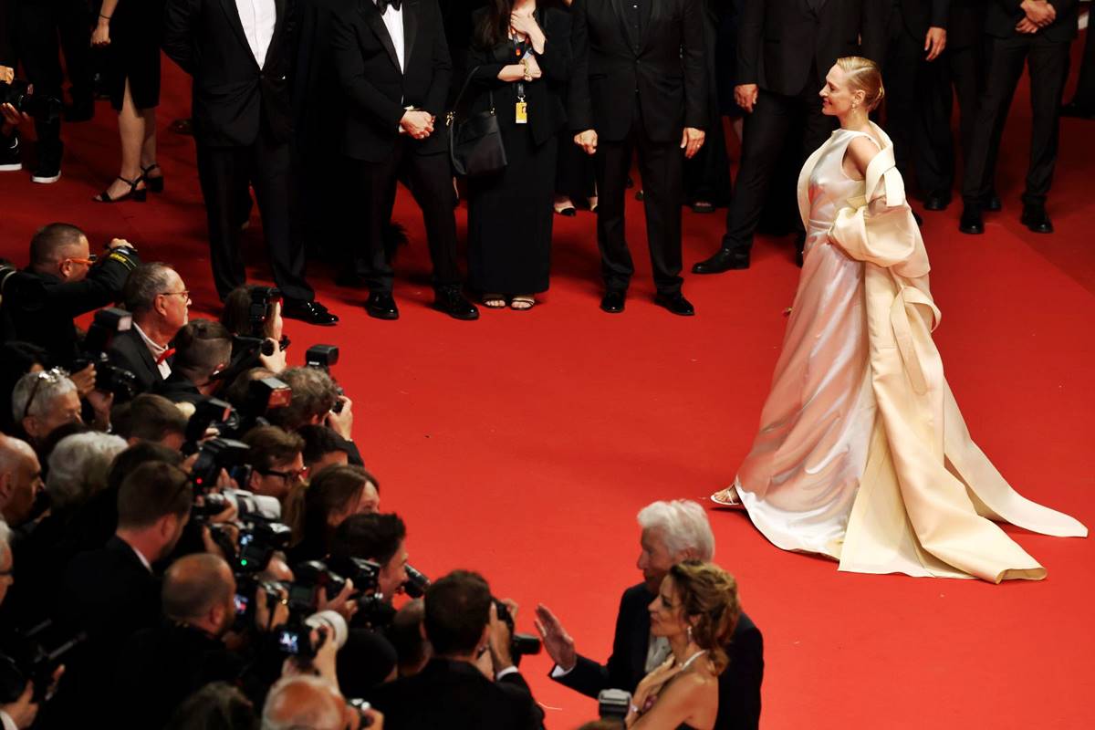 Uma Thurman radiates elegance in ivory Burberry at Cannes