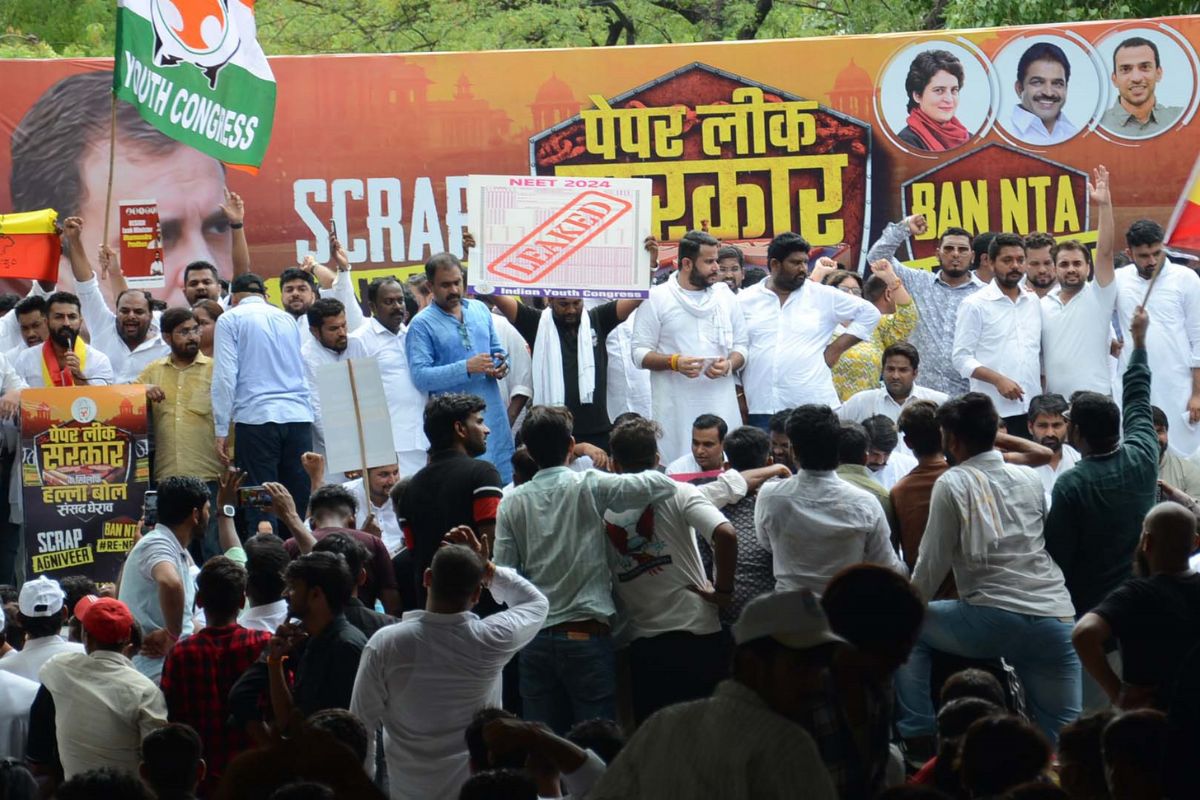 IYC stages protest against ‘scam’ in NEET at Jantar Mantar