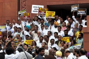 Opposition MPs protest in Parliament premises against Centre’s ‘misuse’ of ED, CBI