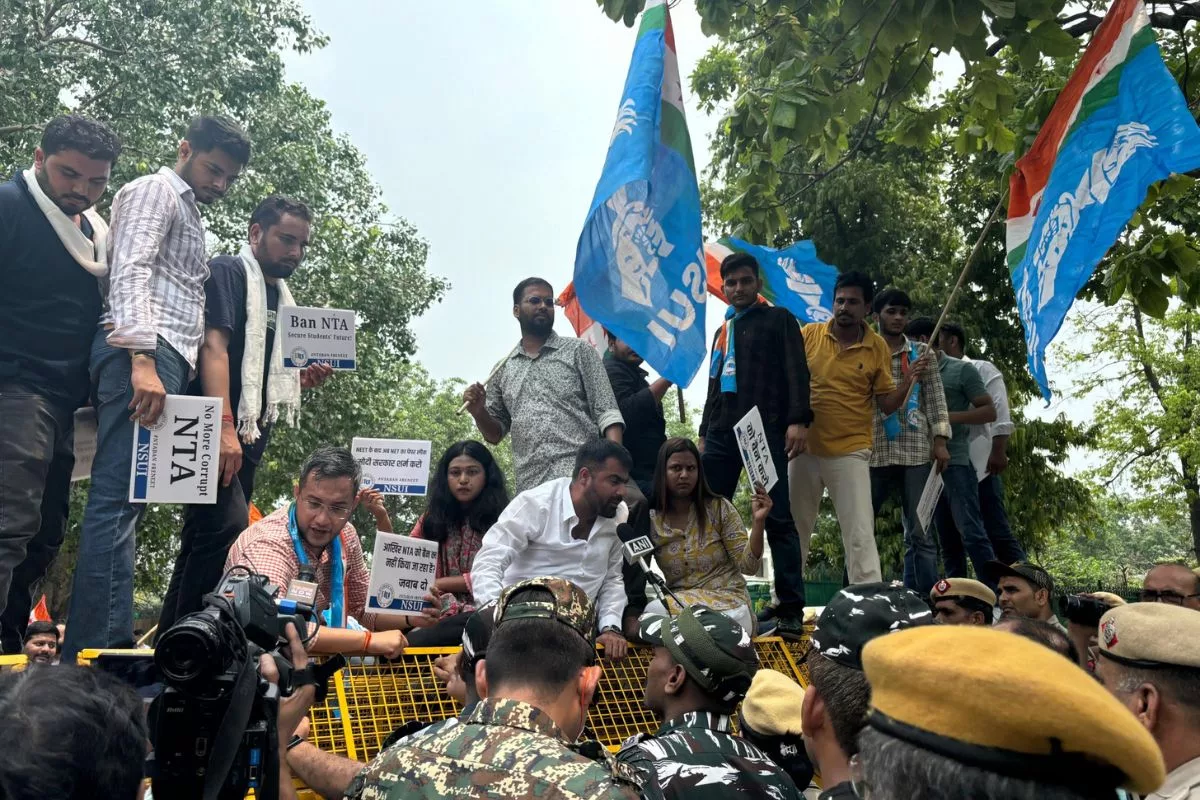 NSUI protests outside Shastri Bhawan, demands re-conduct of NEET