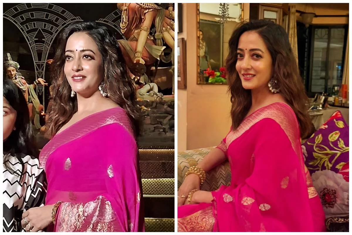 Raima sen glows in pink Banarasi sari for Durga Puja