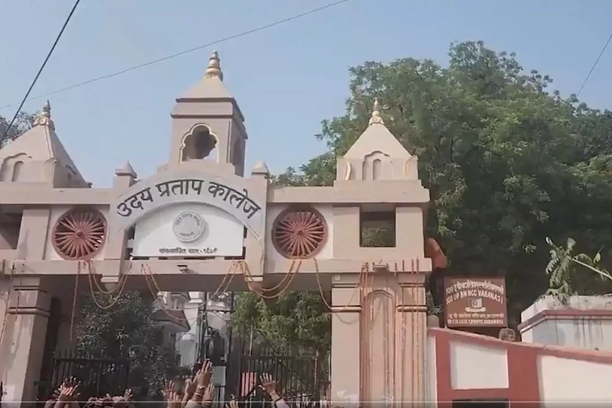 Students recite Hanuman Chalisa near shrine inside college in Varanasi