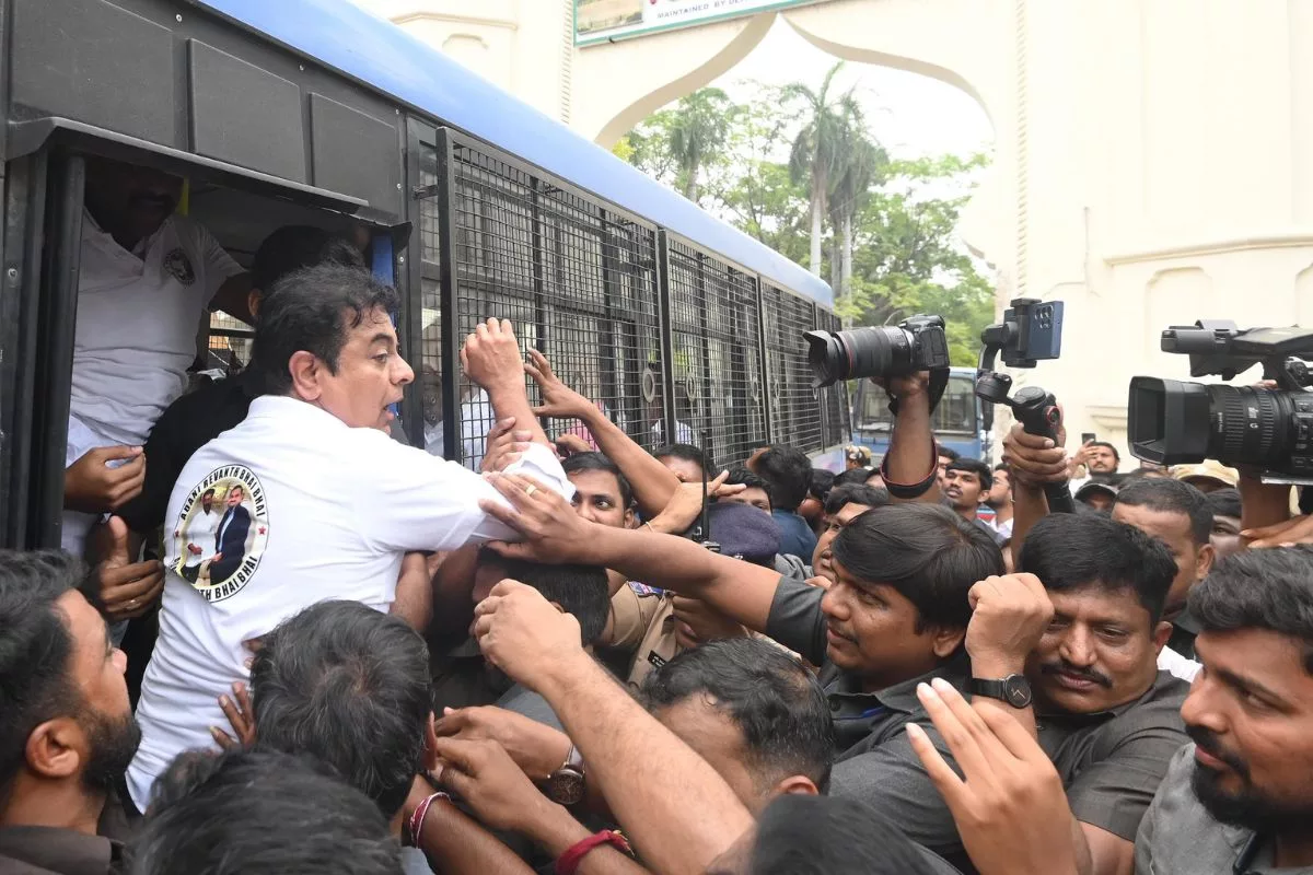 KT Rama Rao, BRS workers protest wearing Adani-Revanth T-shirts