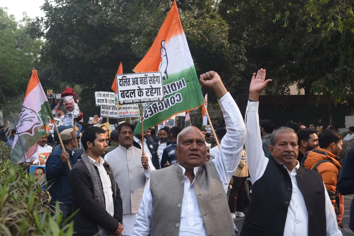 Delhi Congress protest Shah’s remark on Ambedkar at BJP HQ