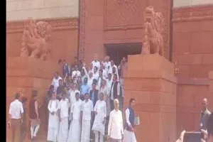 Opposition MPs hold protest over ‘US tariffs on India’ in Parliament premises